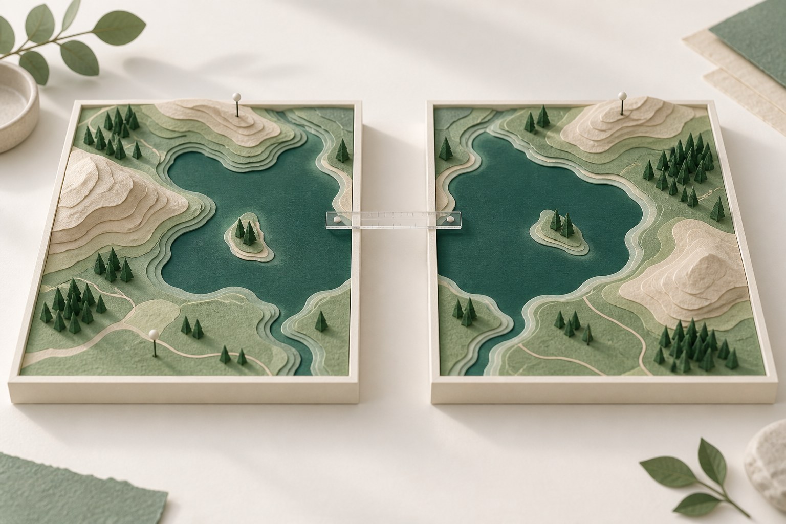 Two paper landscape frames with a shared alignment point
