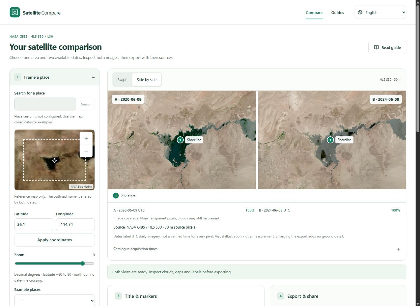 Satellite Compare tool showing a dated Lake Mead comparison